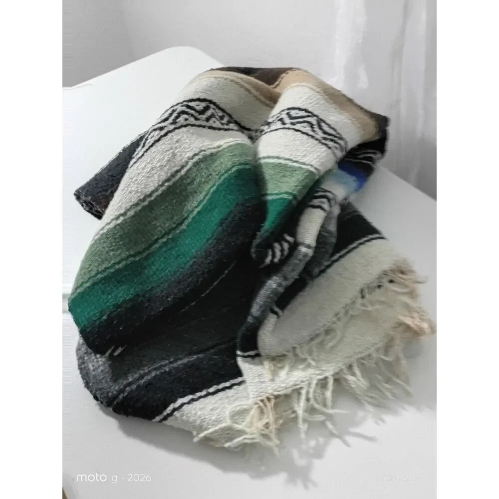 Handwoven Mexican Falsa Blanket - Blue Gray White Diamond Weave Throw